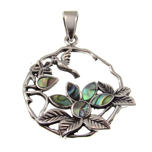 Solid 925 Sterling Silver Hummingbird & Flowers Pendant with Inlaid Paua Shell - Picture 1 of 7